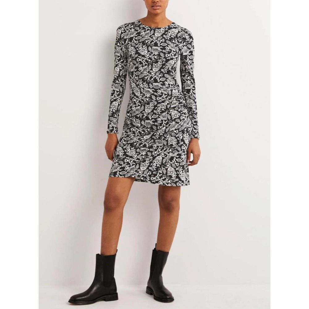 Boden Women US 4 Long Jersey Dress Black White Floral Long Sleeve Ruched Side - Picture 2 of 11